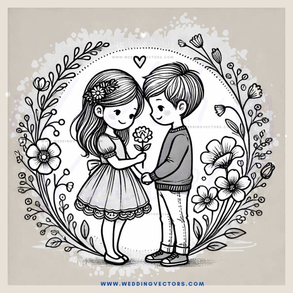 a young couple in black and white engagement illustration