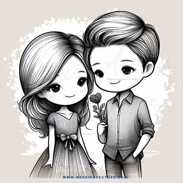 boy and girl standing next to each other with flower in hand