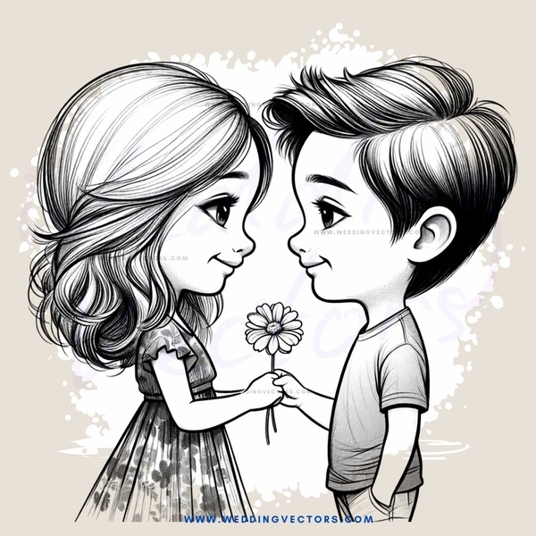 a boy and girl holding a flower
