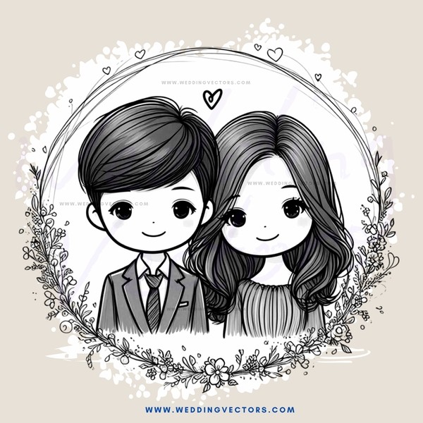 two people drawn in black and white with leaves around them