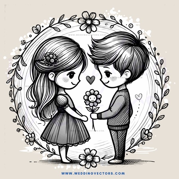 boy and girl with flowers and hearts