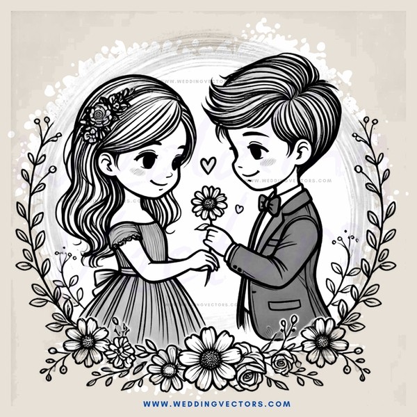 a boy and girl holding flowers on a card