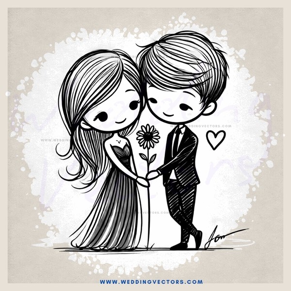 a couple's kiss, with flower and hearts