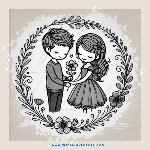 couple holding flowers and smiling inside flower wreath