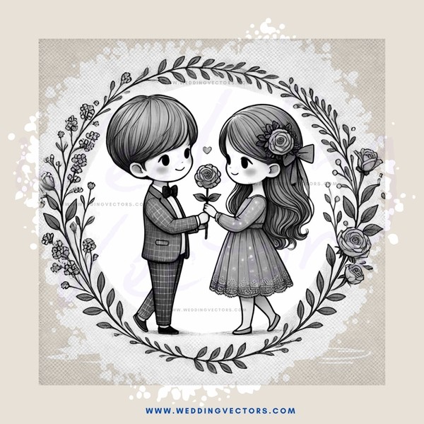 boy and girl holding flowers in picture frame