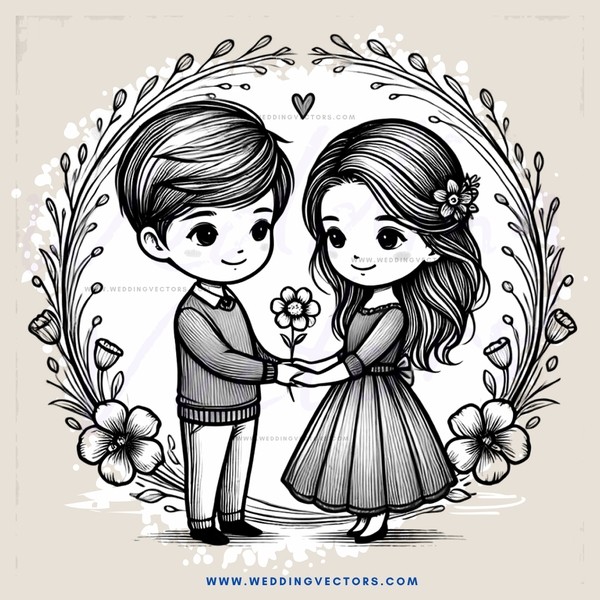 a boy and girl embracing each other with flowers in hand