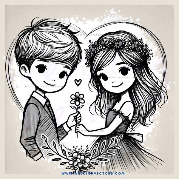 a boy and girl holding flowers