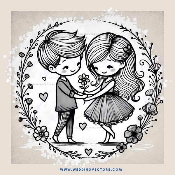 two people in an embracing pose within a flowered design