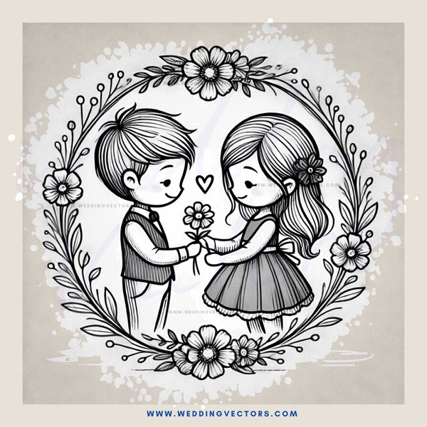 a boy and girl holding flowers in an embrace
