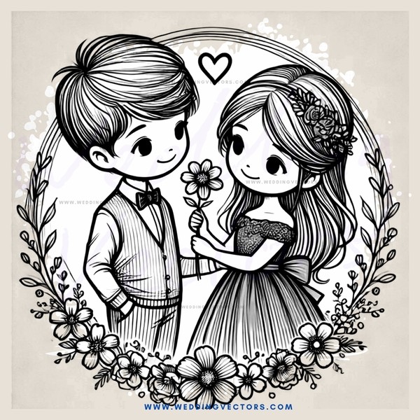 a boy and girl posing with flowers, dresses, and a bow tie