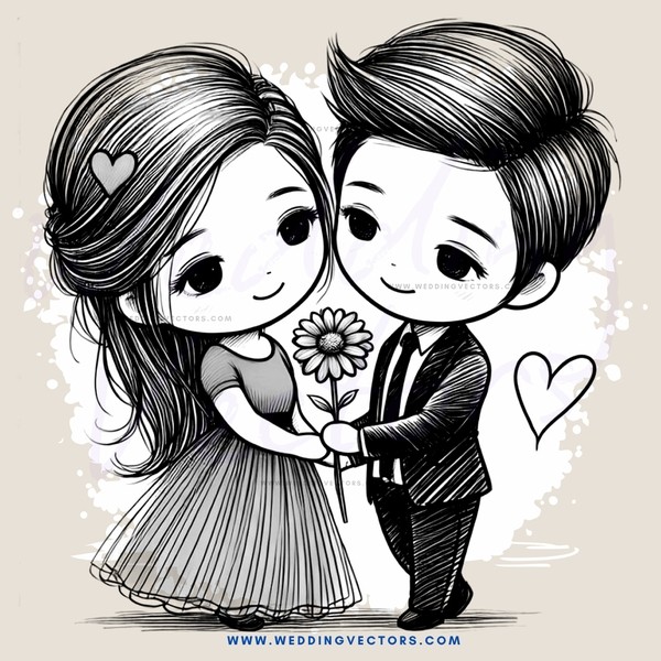 a couple holding a flower and an arrow pointing to them