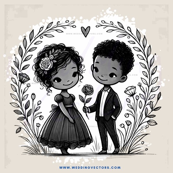 a boy and girl standing with flowers around them