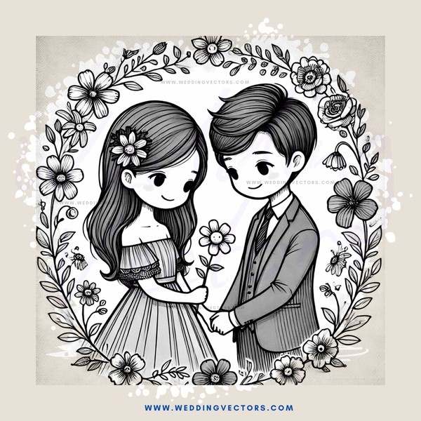 a boy and girl holding hands surrounded by flowers