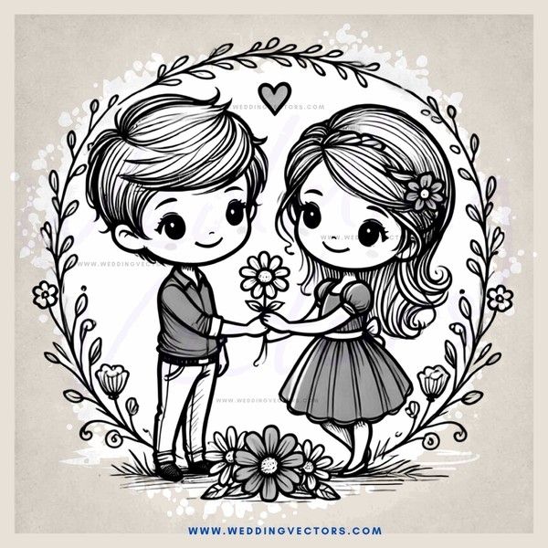 a boy and girl holding flowers in front of a flower border
