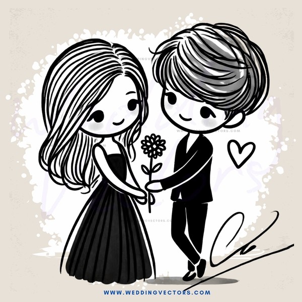a couple holding flowers and an heart