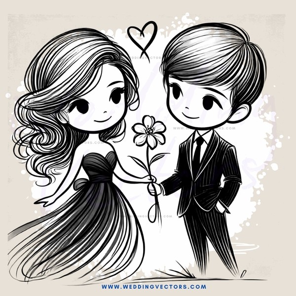 a boy and girl standing together with flowers
