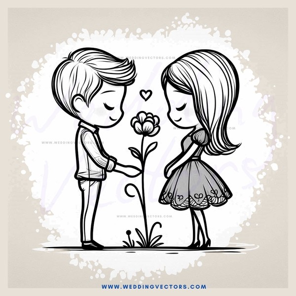 a man and woman standing together near a flower