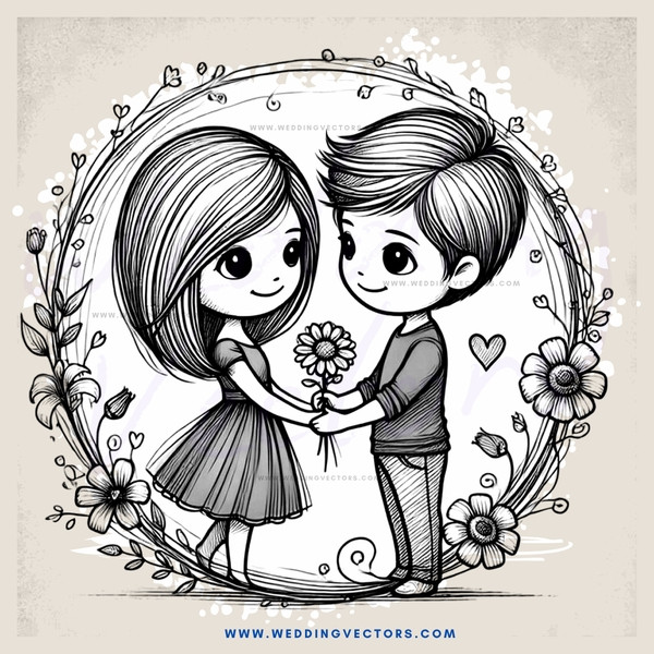 cartoon couple holding flower and smiling