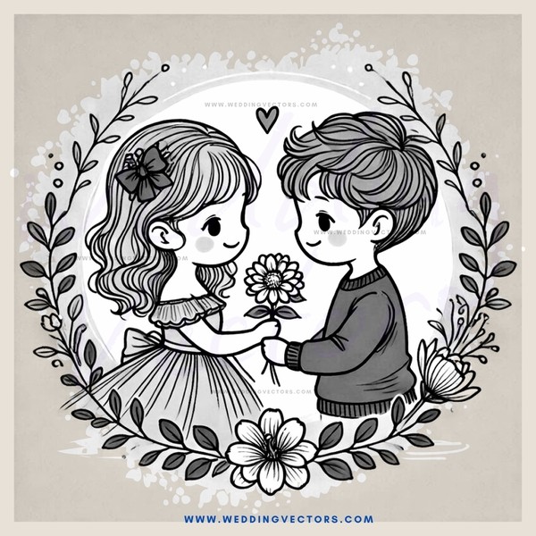 boy and girl embrace with flowers