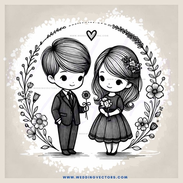 cartoon man and woman holding flower