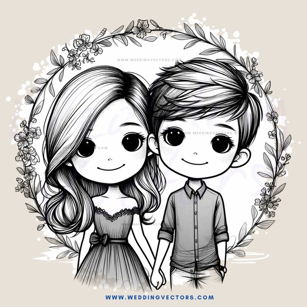 cartoon couple embracing with flowers and leaves