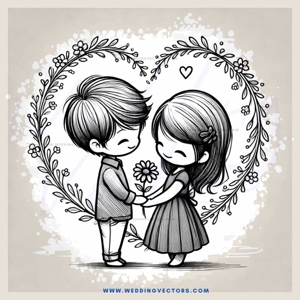 a boy and girl standing together with flowers