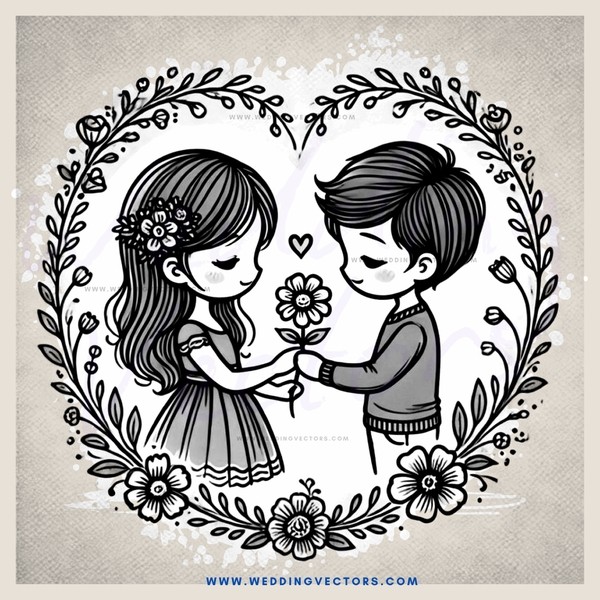 a boy and girl embracing with flowers