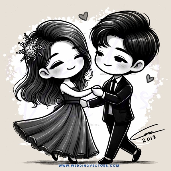couple dancing in black and white cartoon style