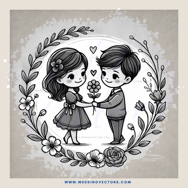 a boy and girl holding flowers in an outline portrait