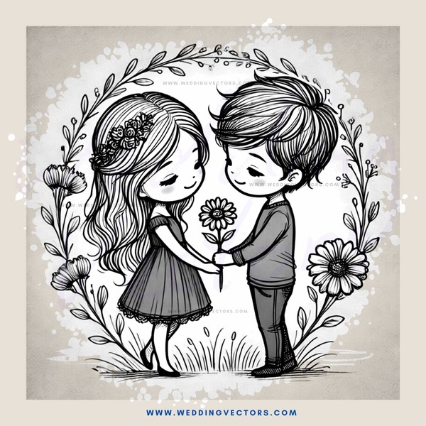a boy and girl holding flowers and faces