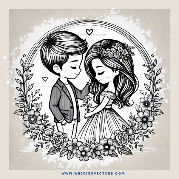 a boy and girl standing in an arch with flowers