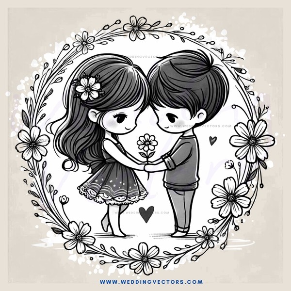 a boy and girl hugging inside of a flowers banner with a heart
