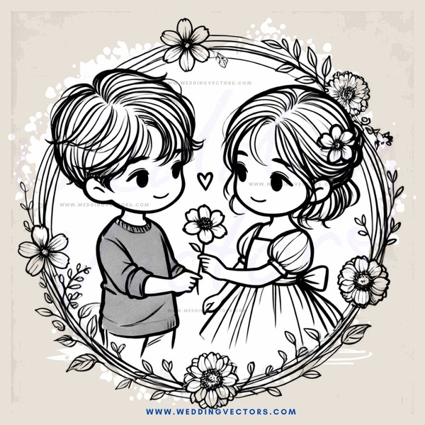 a boy and girl holding hands with flowers