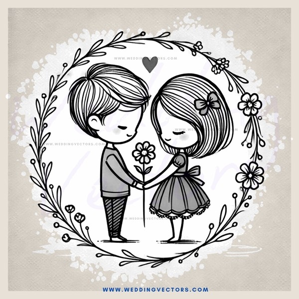 boy and girl hugging with flowers on their hearts