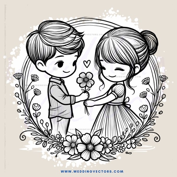 a young couple holding hands and flowers