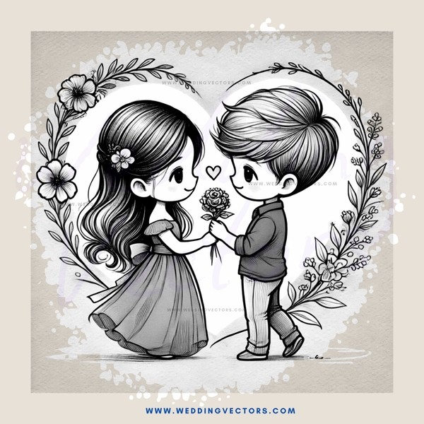 boy and girl standing together holding flower