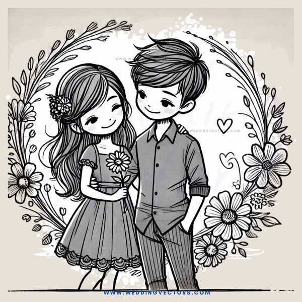 couple embracing in front of floral decoration