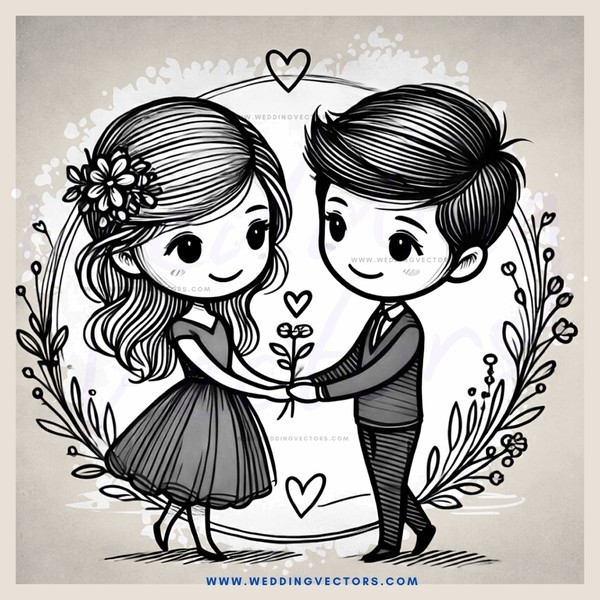 a couple hugging with hearts and flowers