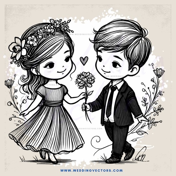 a boy and girl holding flowers and sharing an intimate moment