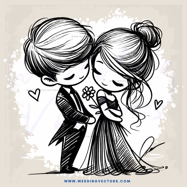 cartoon boy and girl hugging with flowers and heart symbols