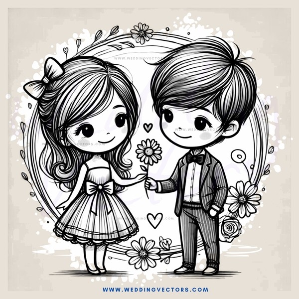 a boy and girl holding flowers with hearts around them