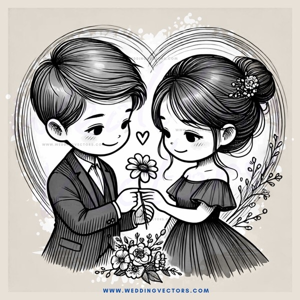 a couple holding flowers and a heart