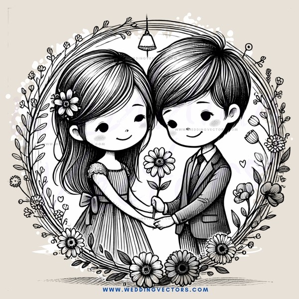 couple hugging in wreath with flowers and leaves