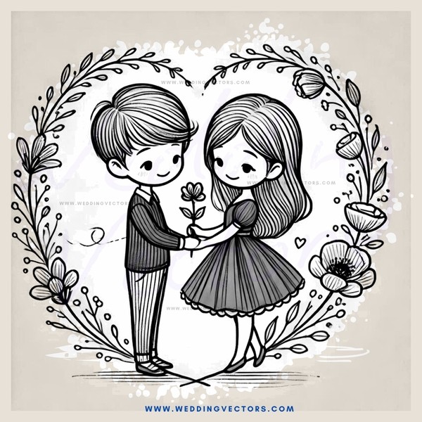 boy and girl standing together with flowers