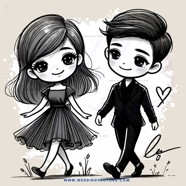 cartoon boy and girl walking in grassy area
