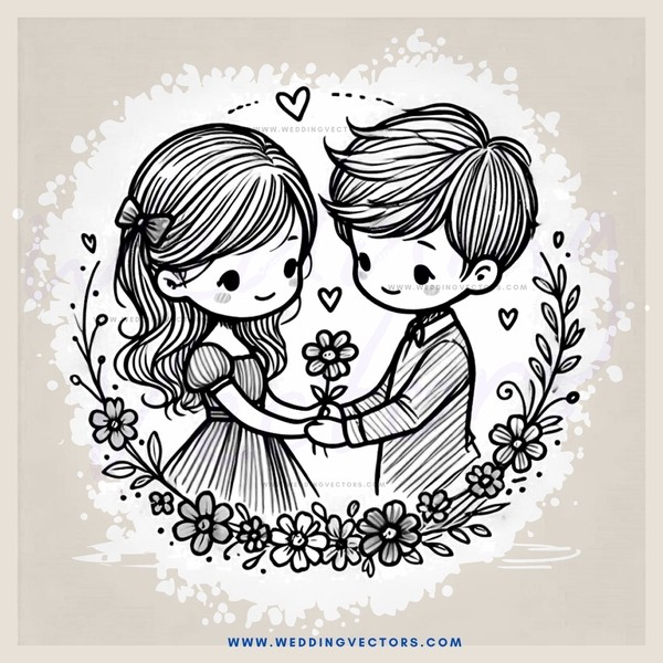 a boy and girl holding hands with flowers and hearts around them