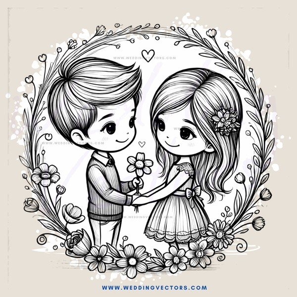 boy and girl embracing in a wreath with flowers