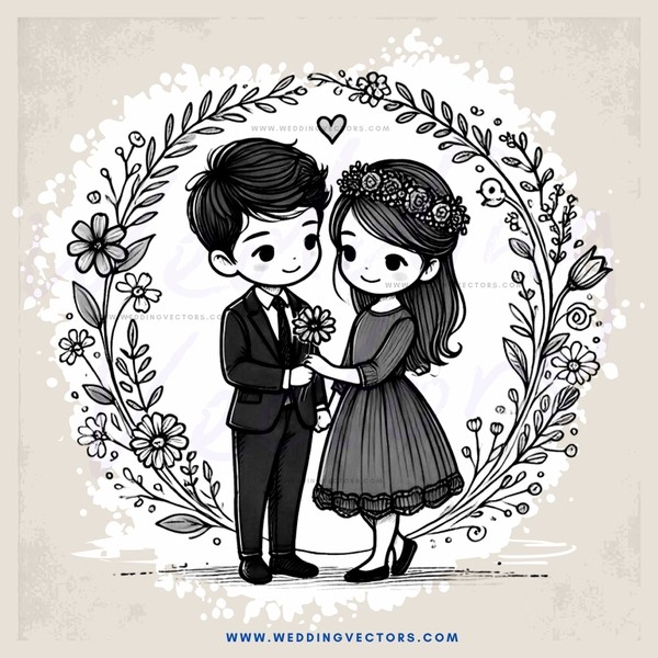 a boy and girl standing together in front of flowers