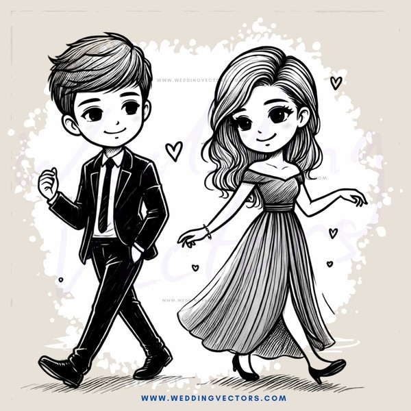 a boy and girl walking together with hearts floating around them