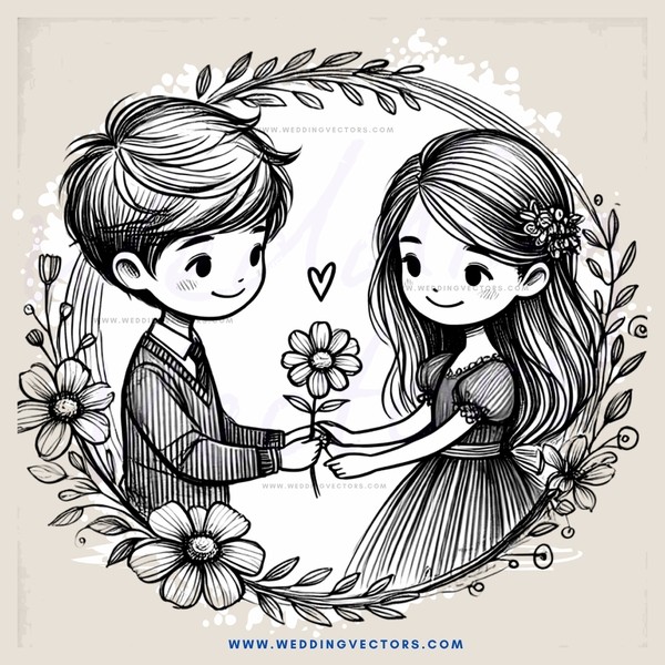 boy and girl holding flower with love heart